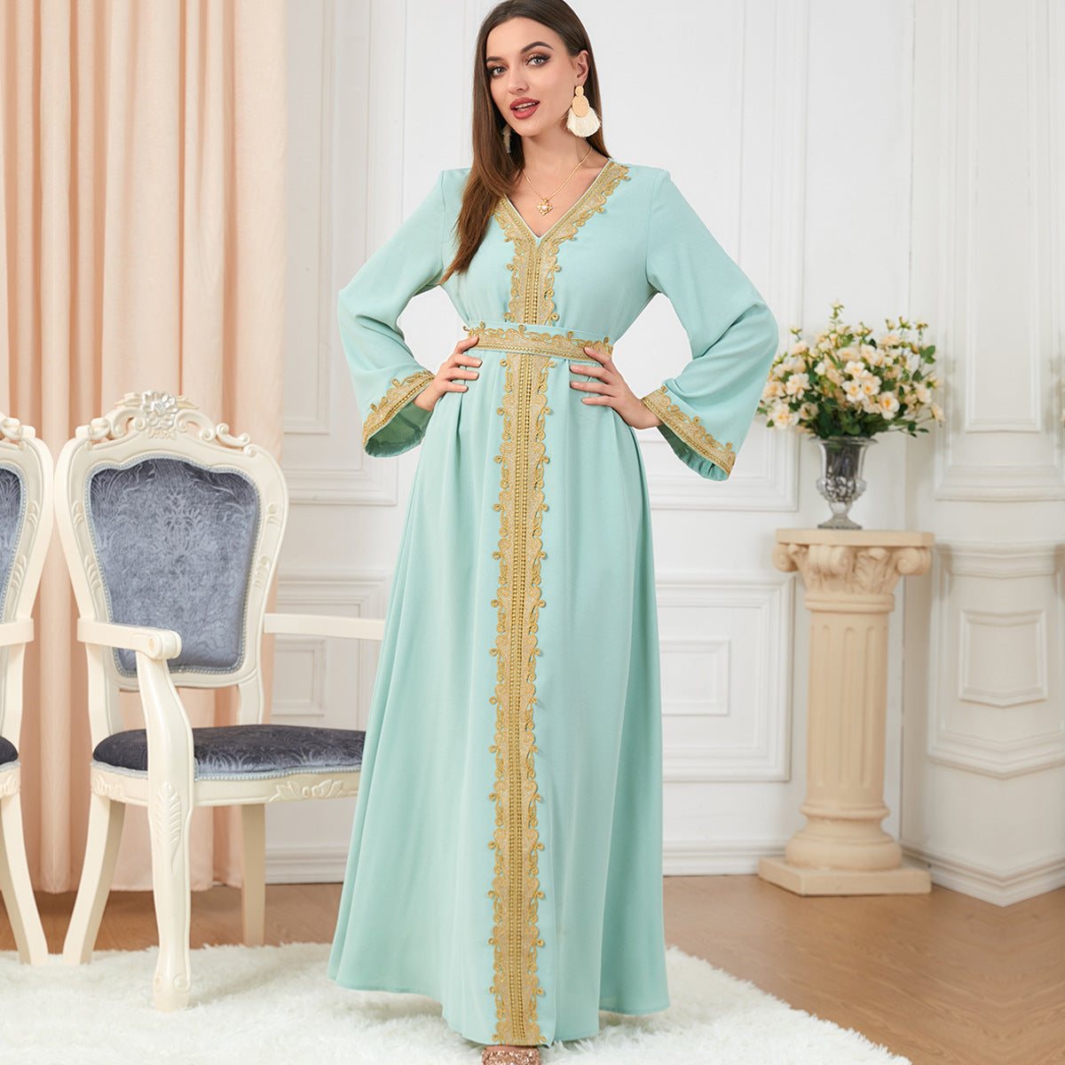 Women's Solid Color Stitching Basic Loose Embroidery Long Dresses