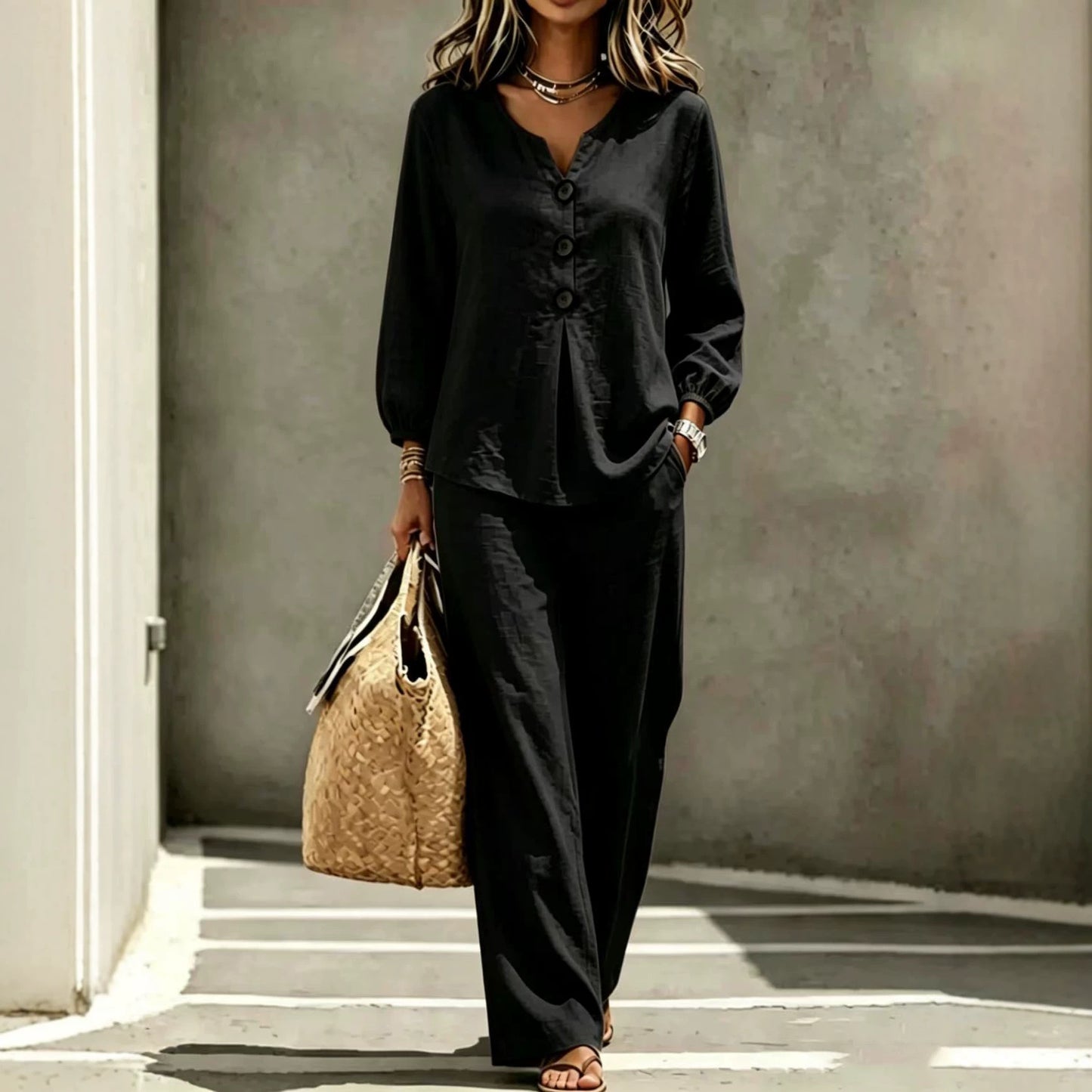 Women's Button Flounce Long Sleeve Trousers Two-piece Fashion Casual Suit