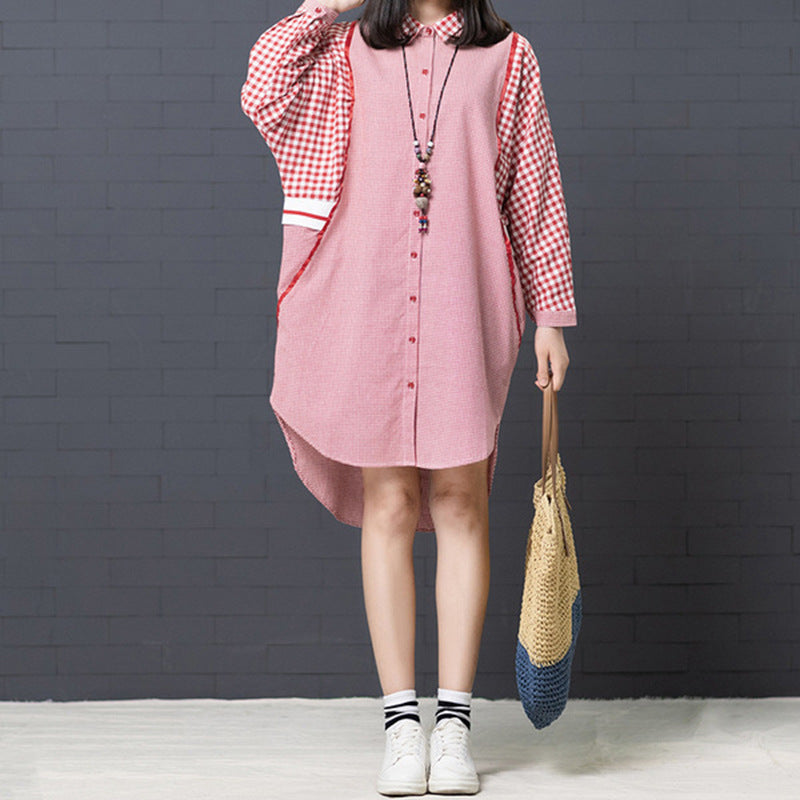 Women's Fashion Loose Leisure Slimming Plaid Lapel Long Sleeve Dress