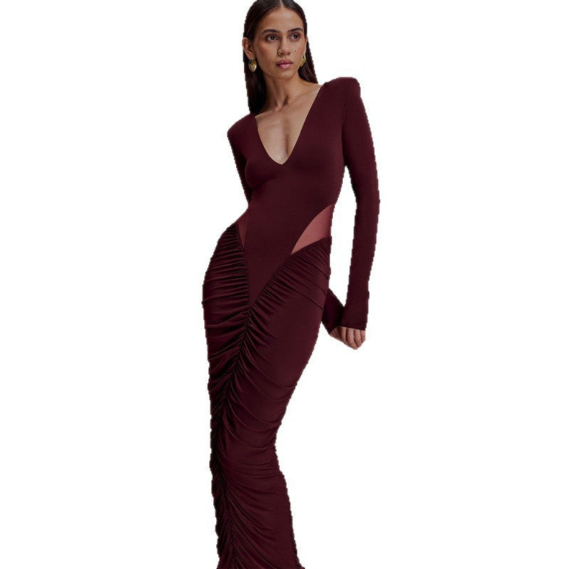 Women's Solid Color Deep Long Sleeve Sexy Dress