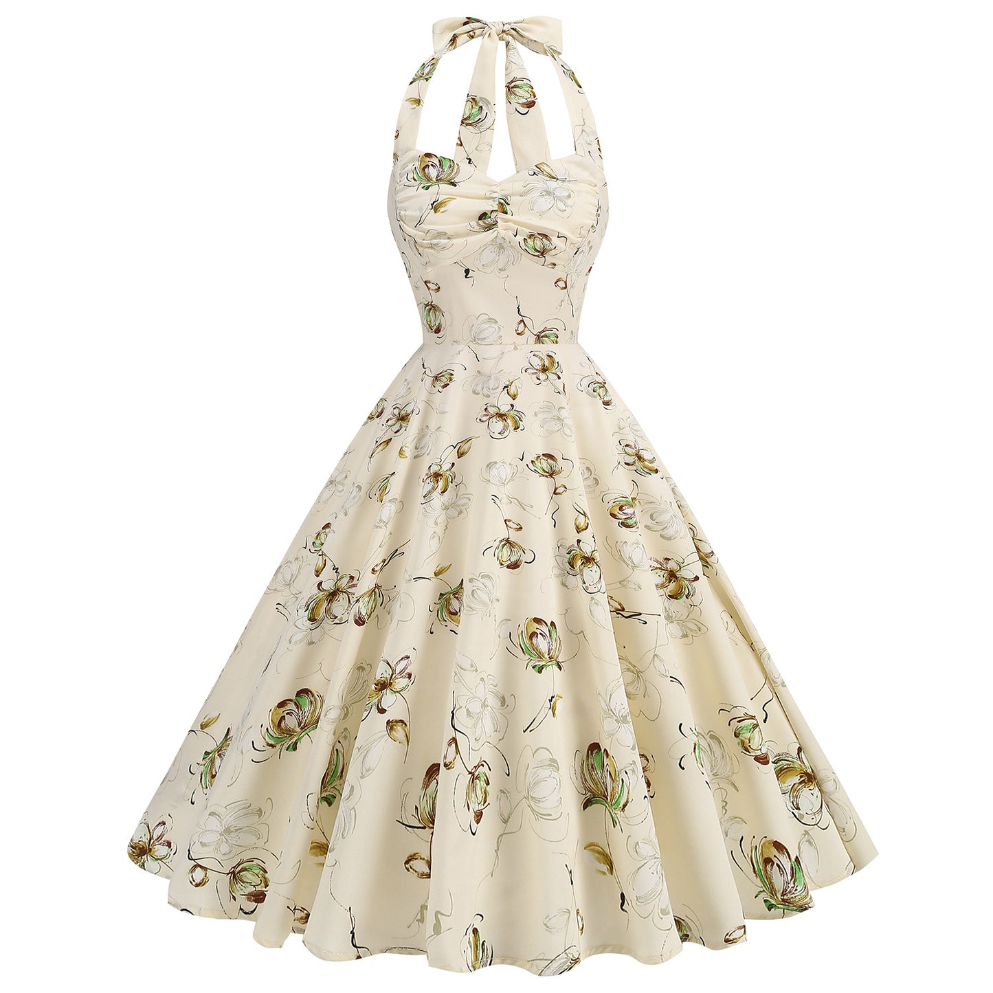 Women's Hepburn Style Abstract Rose Print Backless High Waist Halter Large Dress