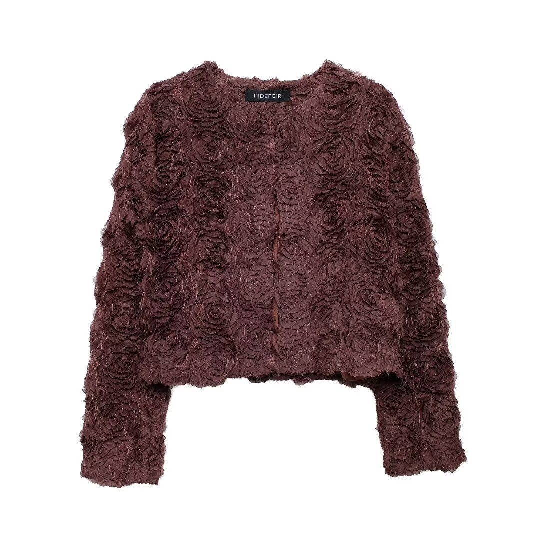 Women's Fashion Round Neck Flower-shaped Texture Coats