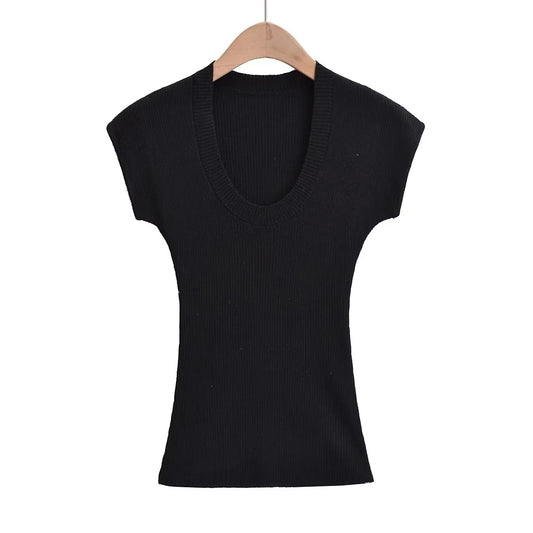 Women's Knitted Short-sleeved Shirt Elastic Slim Fit Blouses