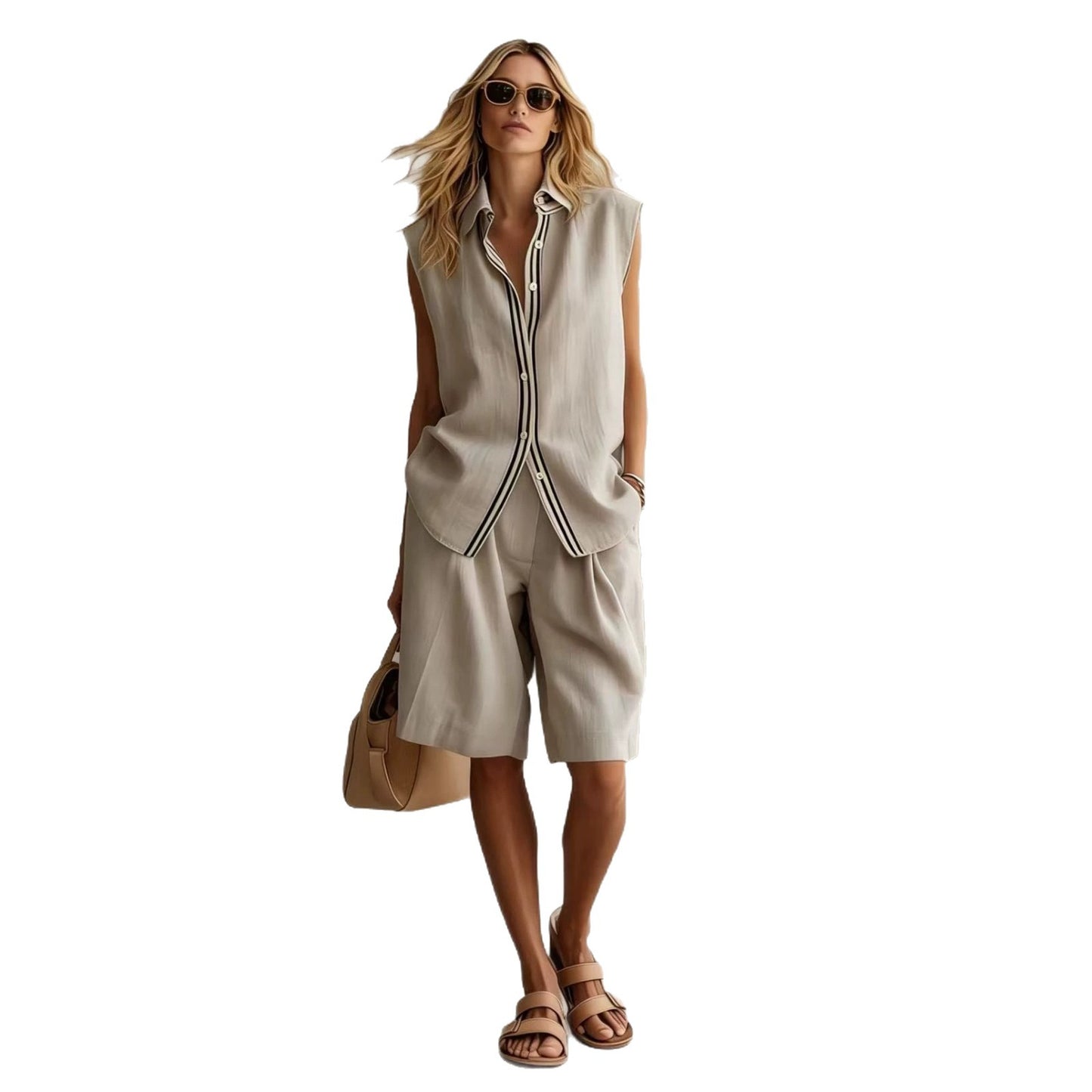 Women's Summer Wear Single-breasted Sleeveless Linen Bushing Fashion Casual Suit