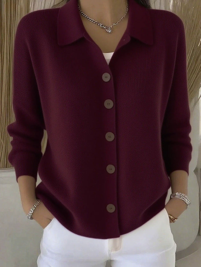 Women's Button Knitted Lapel Solid Color Casual Sweater