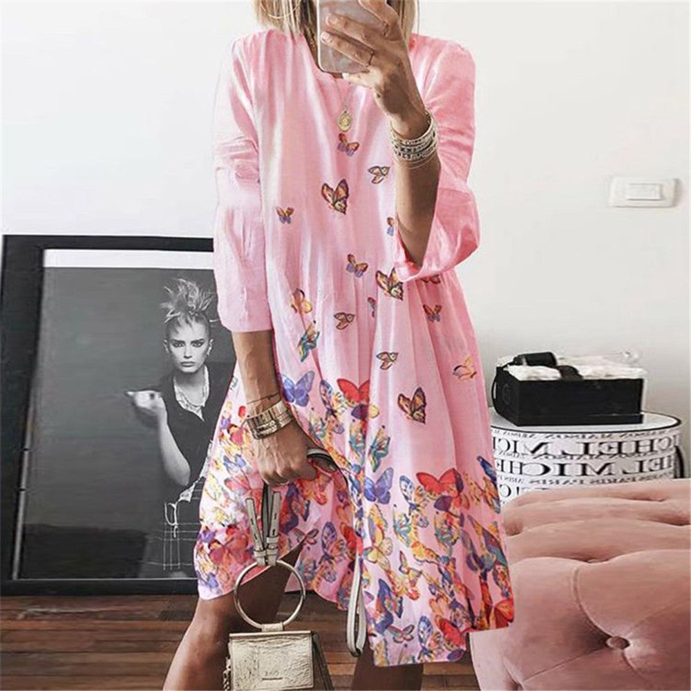 Women's Large Autumn Digital Printed Round Neck Dresses