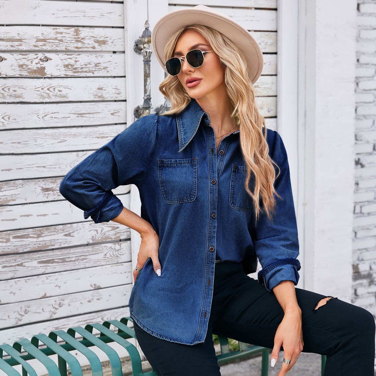 Women's Vintage Pointed Collar Fashion Denim Long Blouses