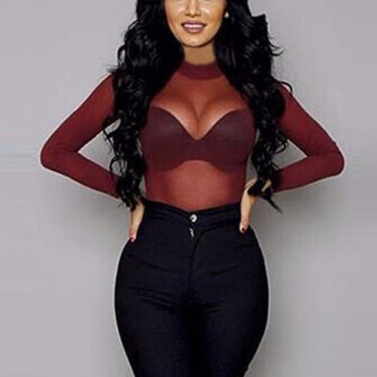Women's Tight Sexy Mesh Bottoming Shirt Transparent Long Sleeve Blouses