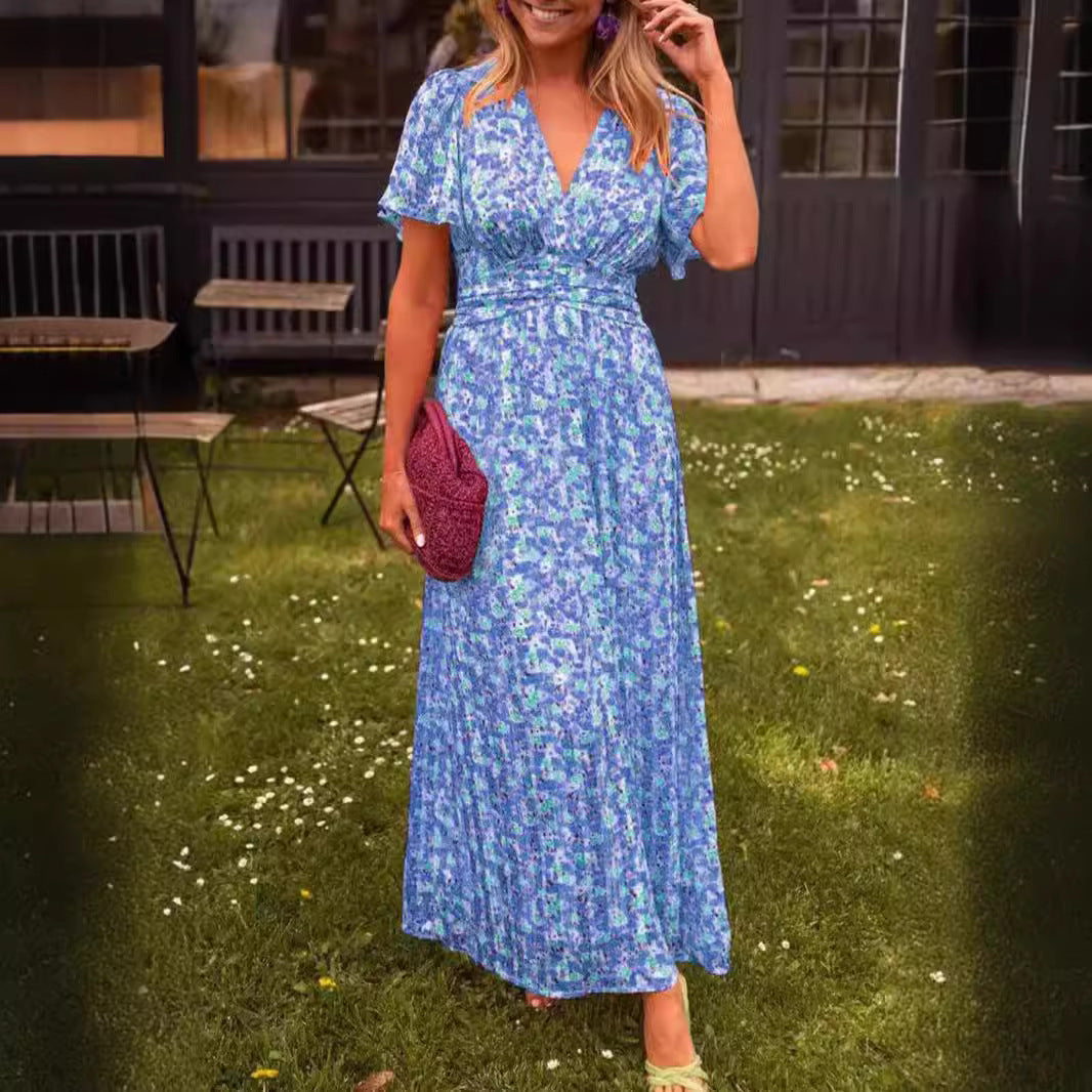 Women's Fashion Temperament Printed Waist Dress Dresses