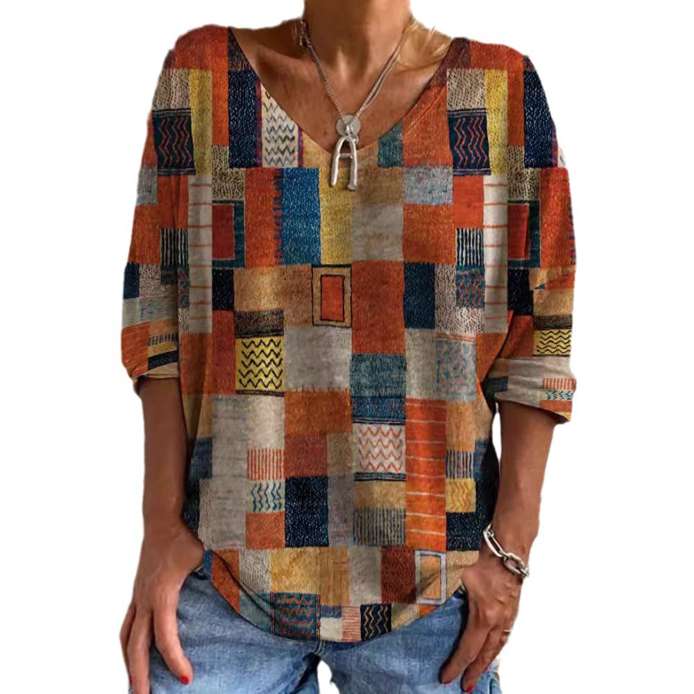 Women's Long Sleeve Loose Pullover Ethnic Digital Blouses