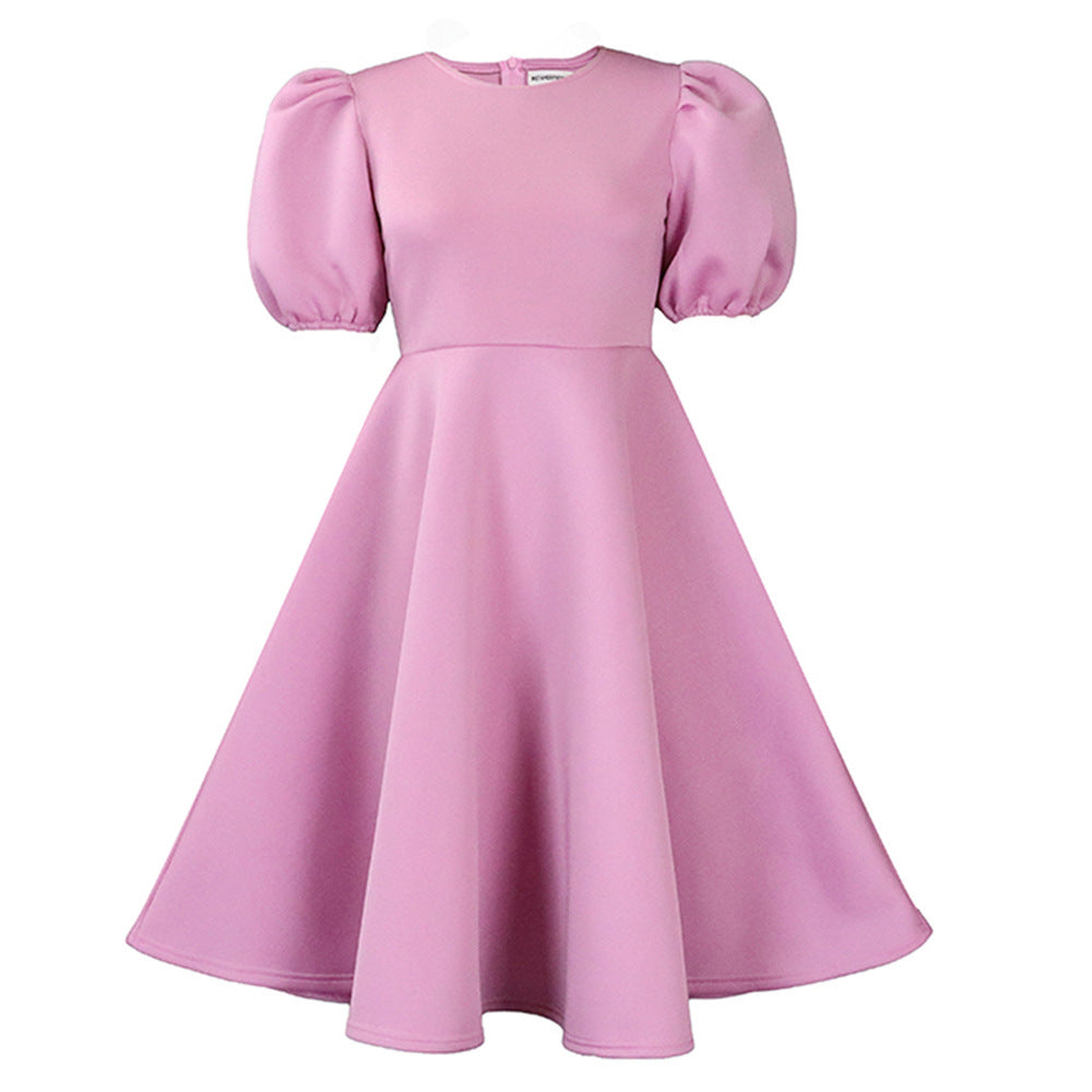 Neck Graceful Puff Sleeve Large Hem Dress