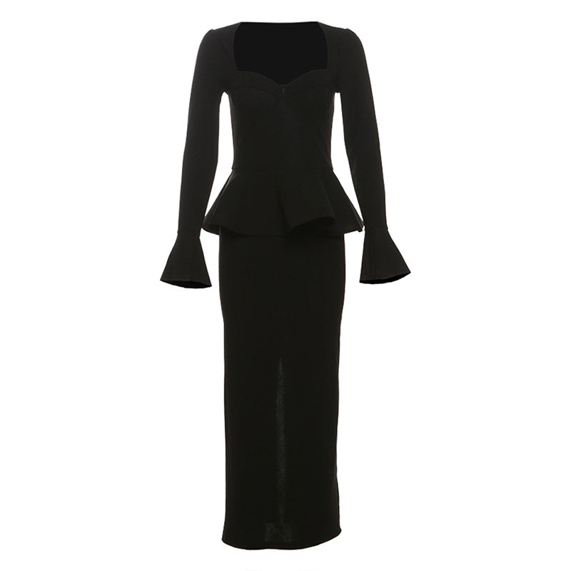 Women's Pure Color Ruffles Waist Decoration Long Dresses