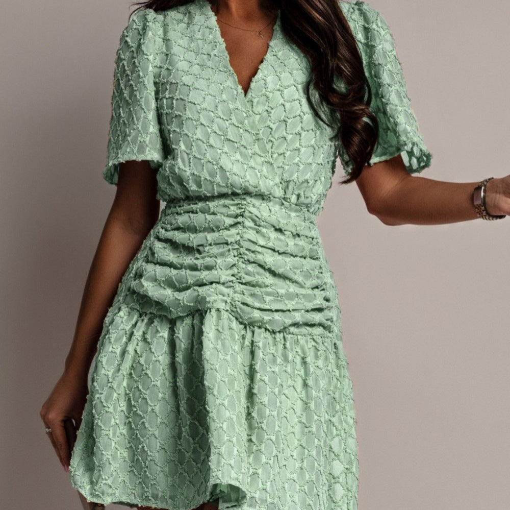 Color Waist Trimming Short-sleeved Plaid Fashion Casual Dress