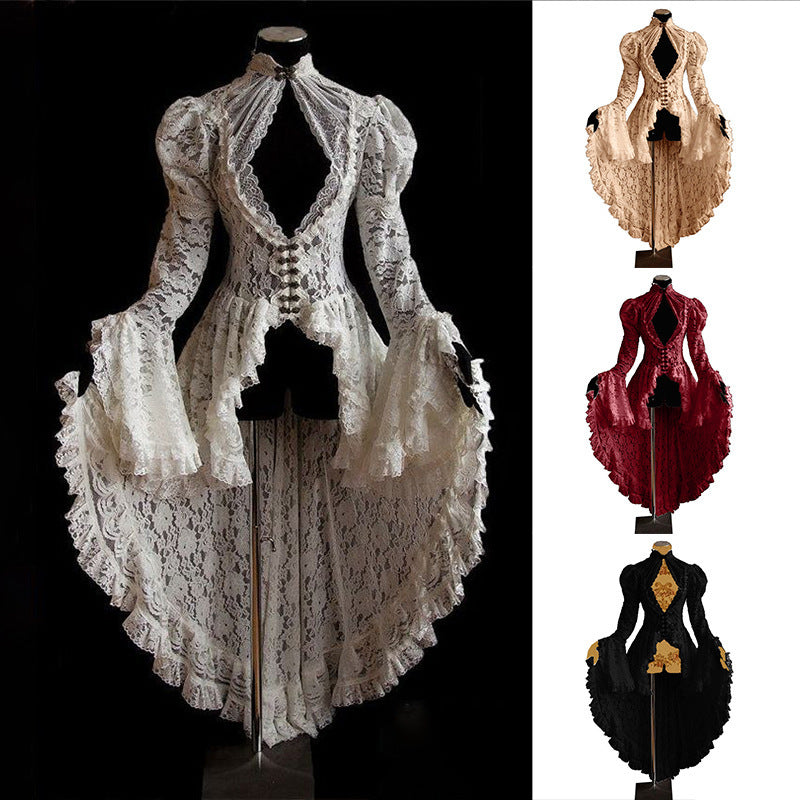 Vintage Lace Medieval Court Party Stitching Swallowtail Bell Sleeve Stand Clothing