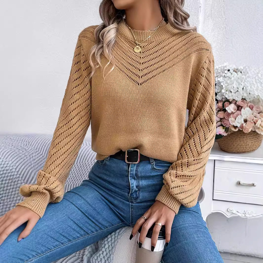 Women's Casual Solid Color Round Neck Lantern Sweater