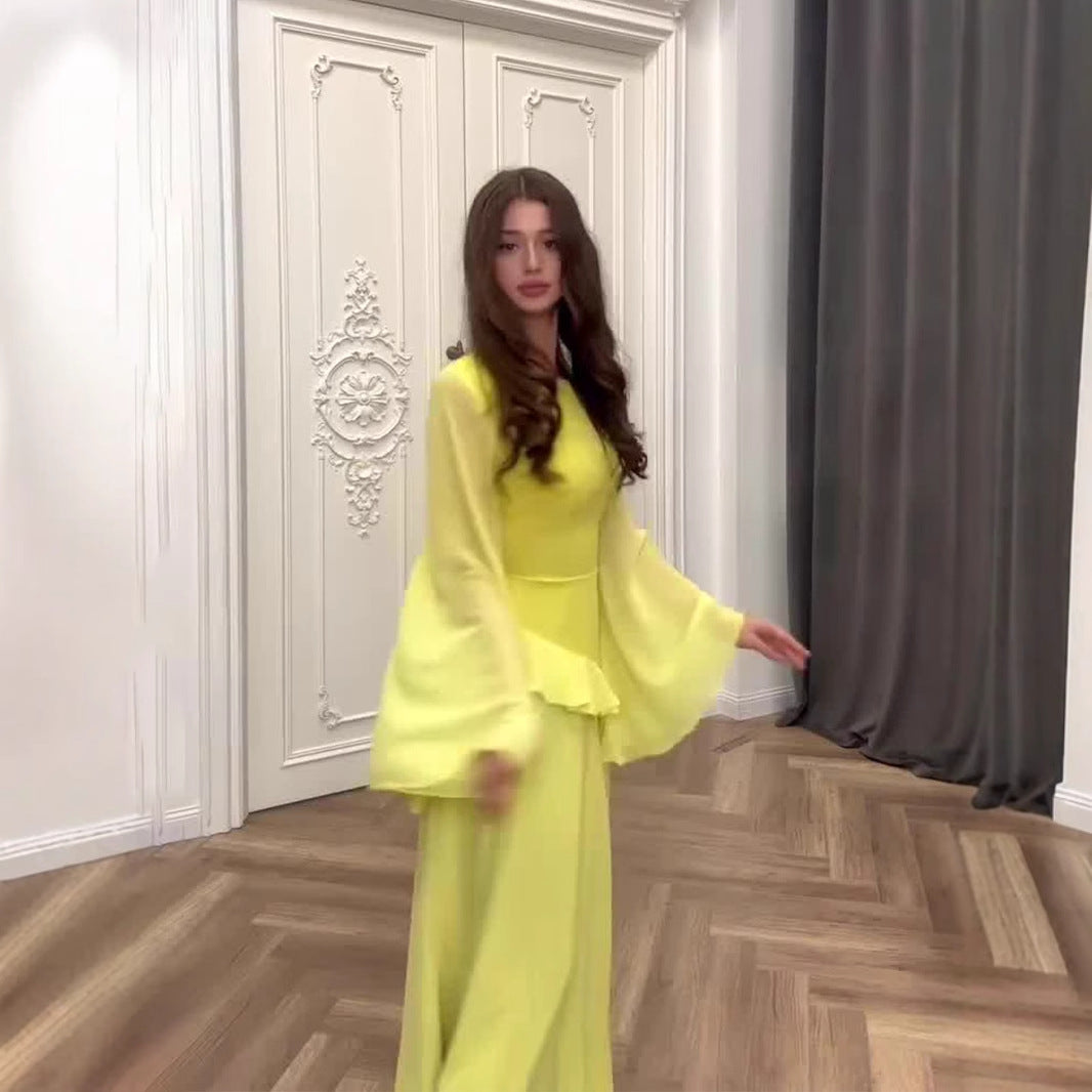 Elegant Flare Sleeve Long Ruffled Design Dresses