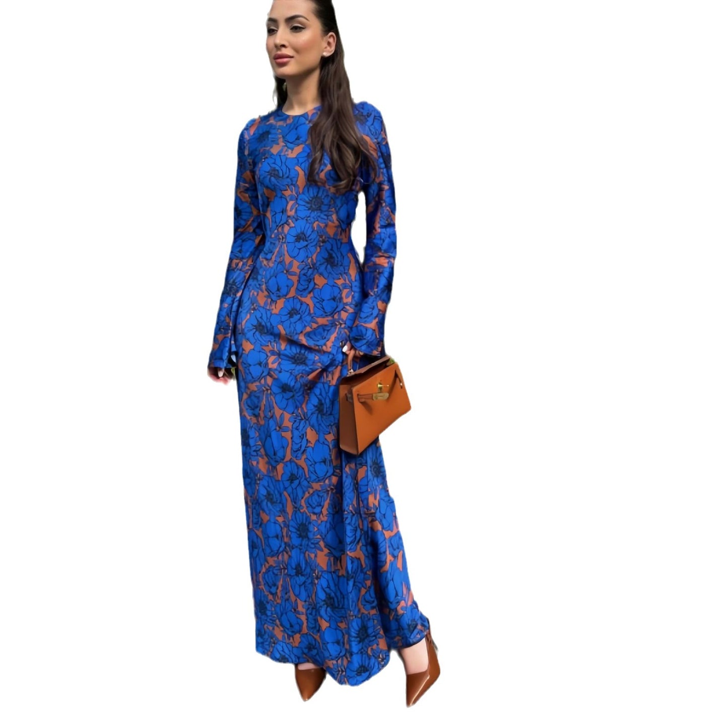 Fashionable Temperament Printed Long-sleeved Waist Dress Dresses