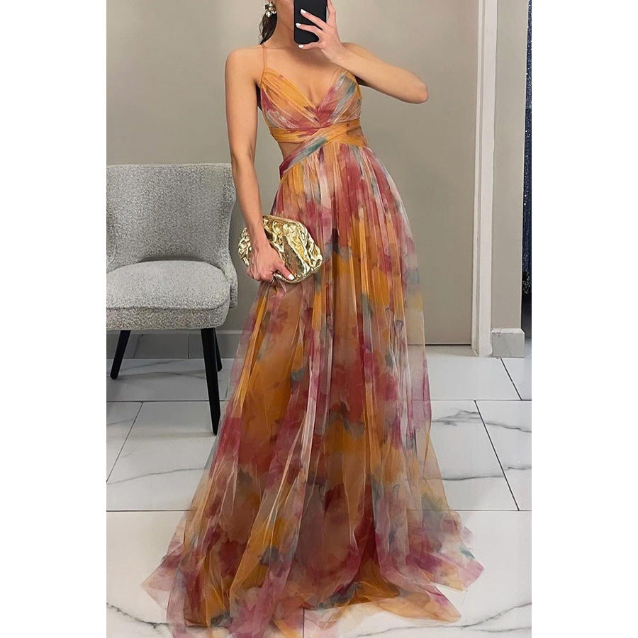 Mesh Printing Slip Holiday Leisure Party Dress