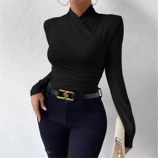 Design Cross Collar Slim Fit Pleating Blouses