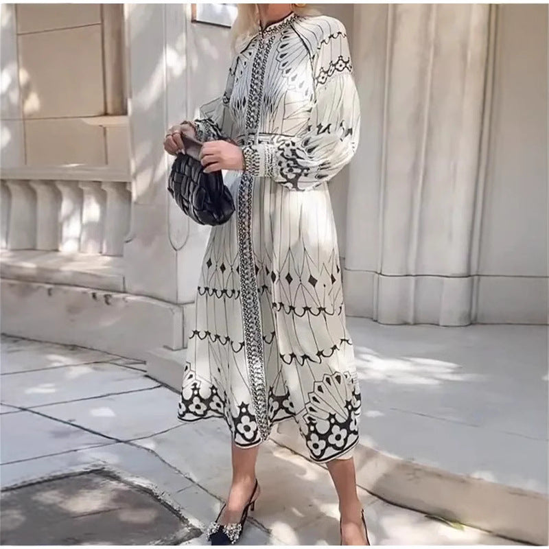 Women's Style Elegant Long-sleeved Printed Large Swing Dresses