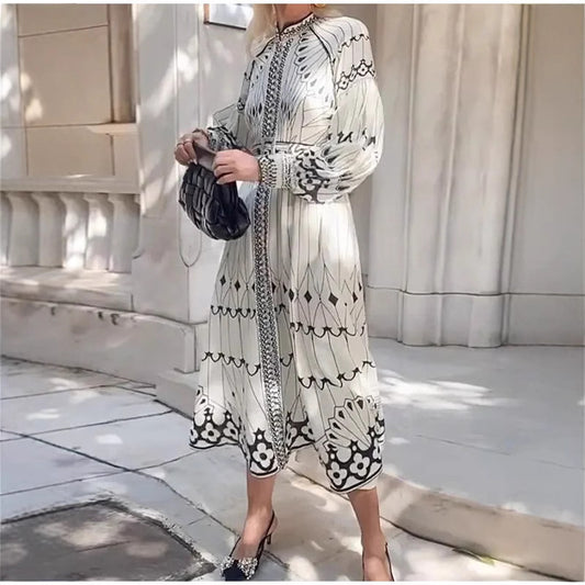 Women's Style Elegant Long-sleeved Printed Large Swing Dresses