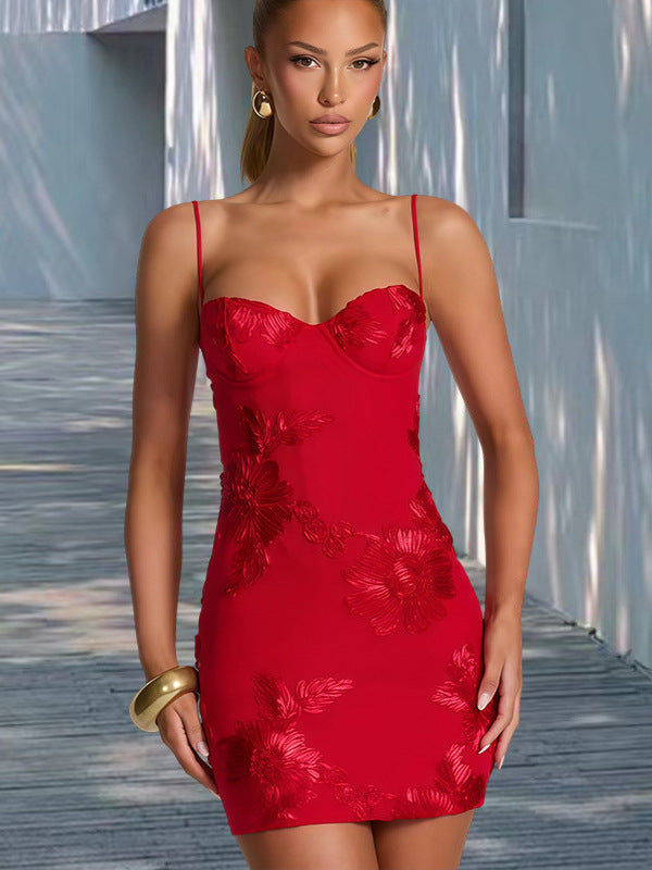 Women's Red For Three-dimensional Flower Embroidered Strap Dress