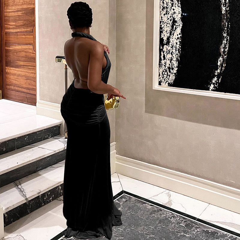 Women's Sexy Backless Halter Deep Pure Color Dresses