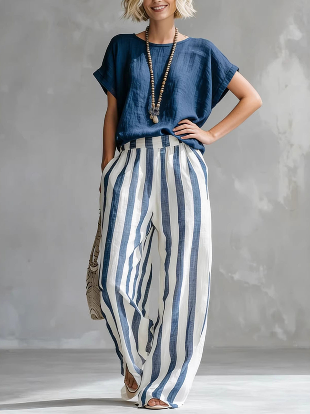 Women's Round Neck Straight Striped Trousers Fashion Casual Suit