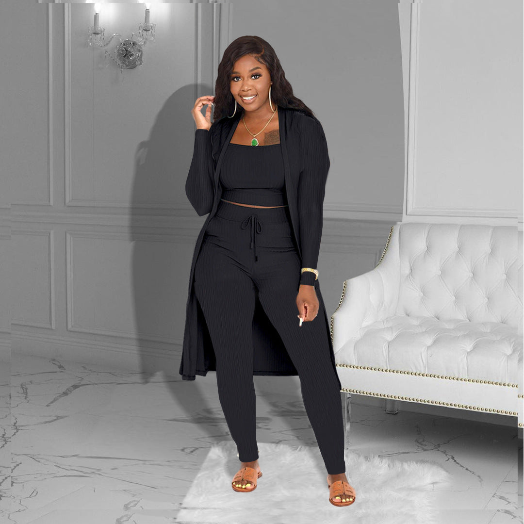 Women's Sunken Stripe Solid Color Three-piece Clothing