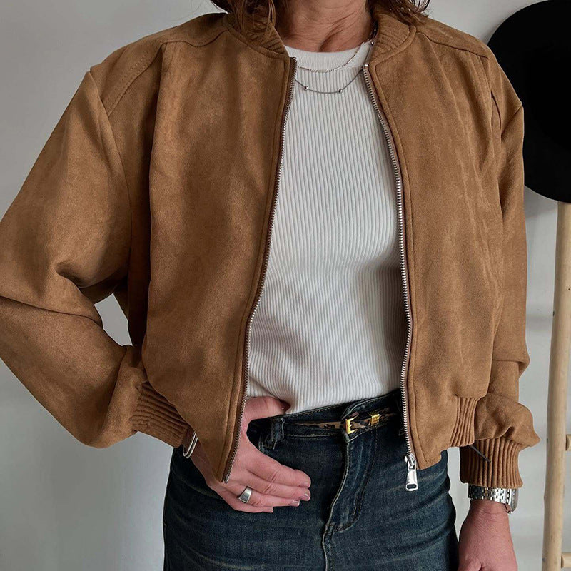 Women's Fashionable Suede Solid Color Zipper Commuter Jackets
