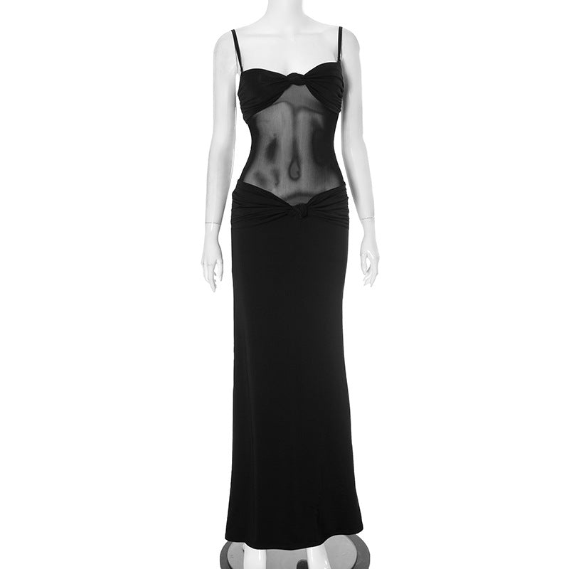 Women's Detachable Shoulder Strap Twist Mesh Slim Dresses