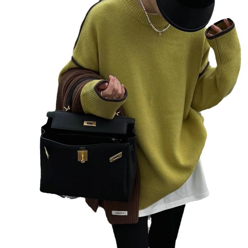 Women's Style Artistic Retro Loose Simple Round Neck Design Contrast Color Women's Sweater