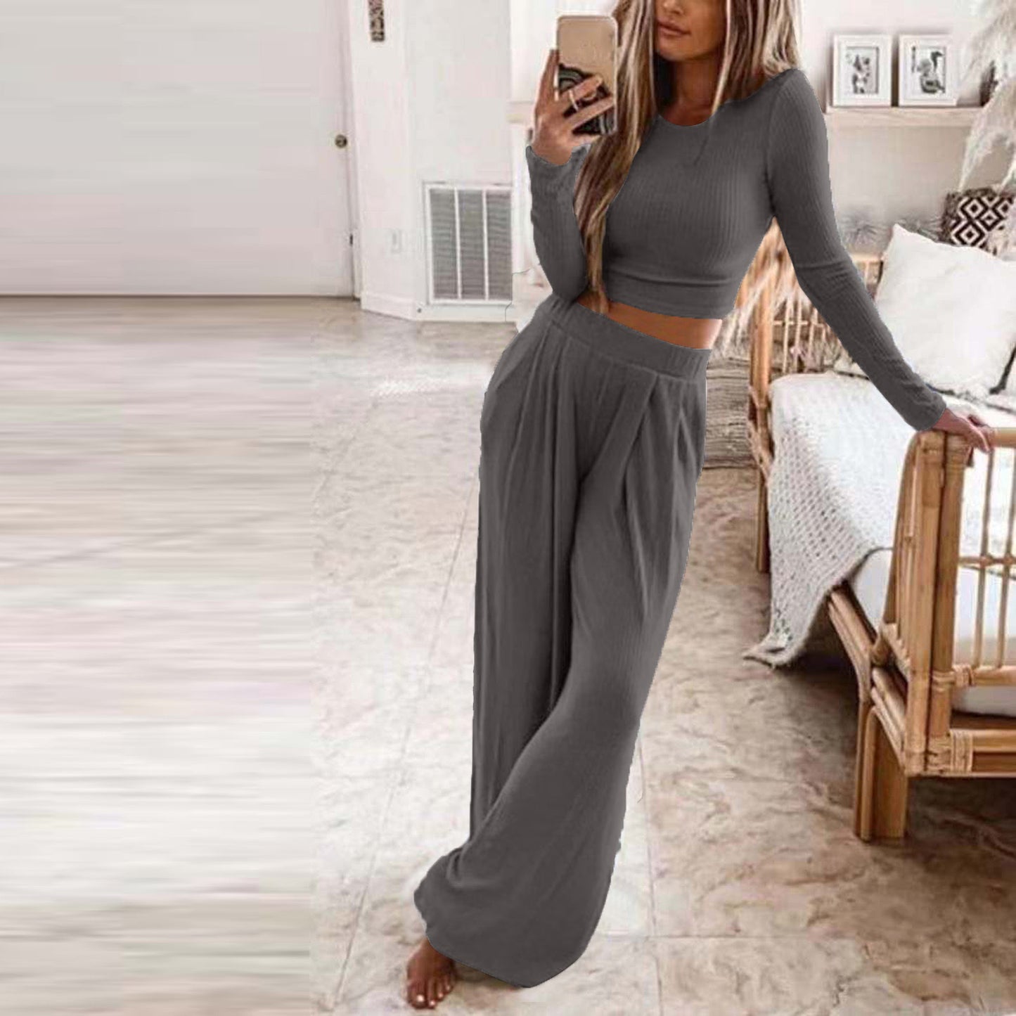 Women's Solid Color Knit Home Two-piece For Suits