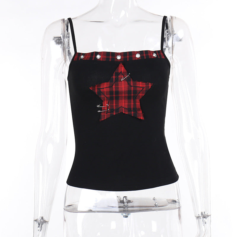 Women's Star Printed Plaid Stitching Camisole Dark Punk Tops