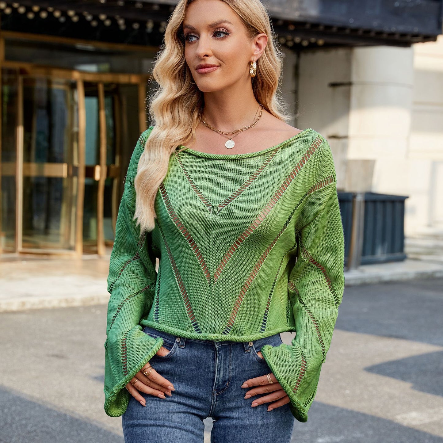 Women's Spring Hollow Loose Long-sleeved Pullover Sweater