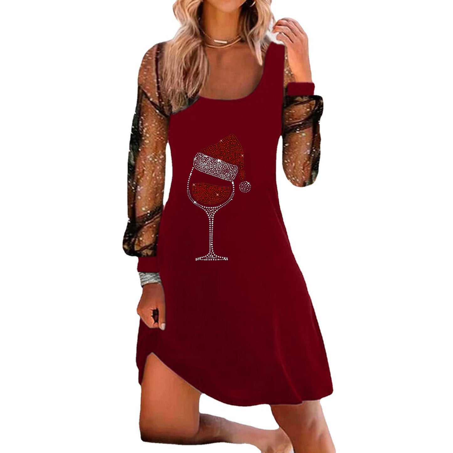 Women's Wine Glass Hot Drilling Upper Clothes Long Sleeves Dress