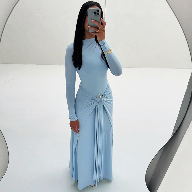 Women's Temperament Pure Color Elegant Long Sleeve Metal Ring Buckle Lace Dress