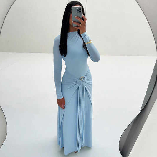 Women's Temperament Pure Color Elegant Long Sleeve Metal Ring Buckle Lace Dress