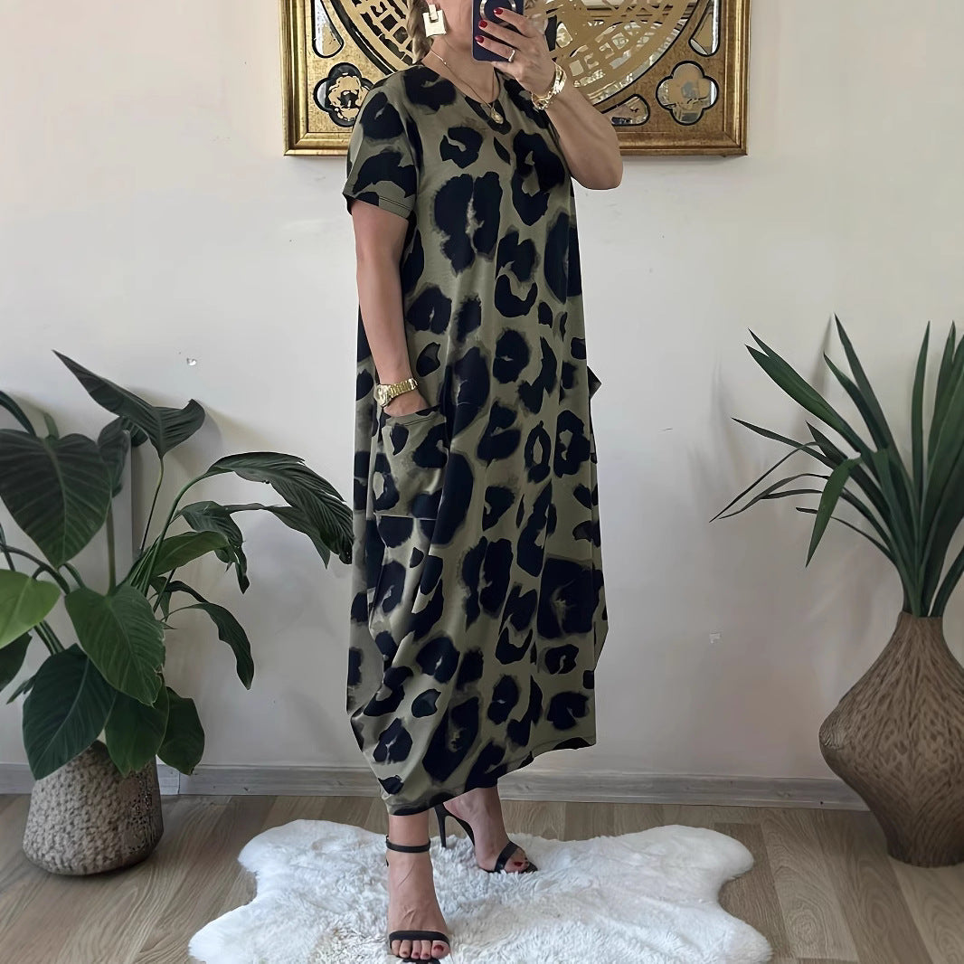 Leopard Print Pocket Casual Loose Printed Dress