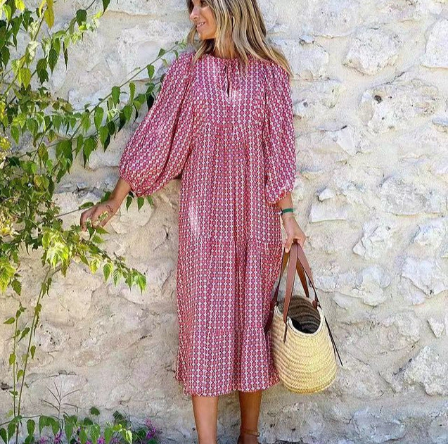 Women's Autumn Geometric Print Puff Sleeve Dress Dresses