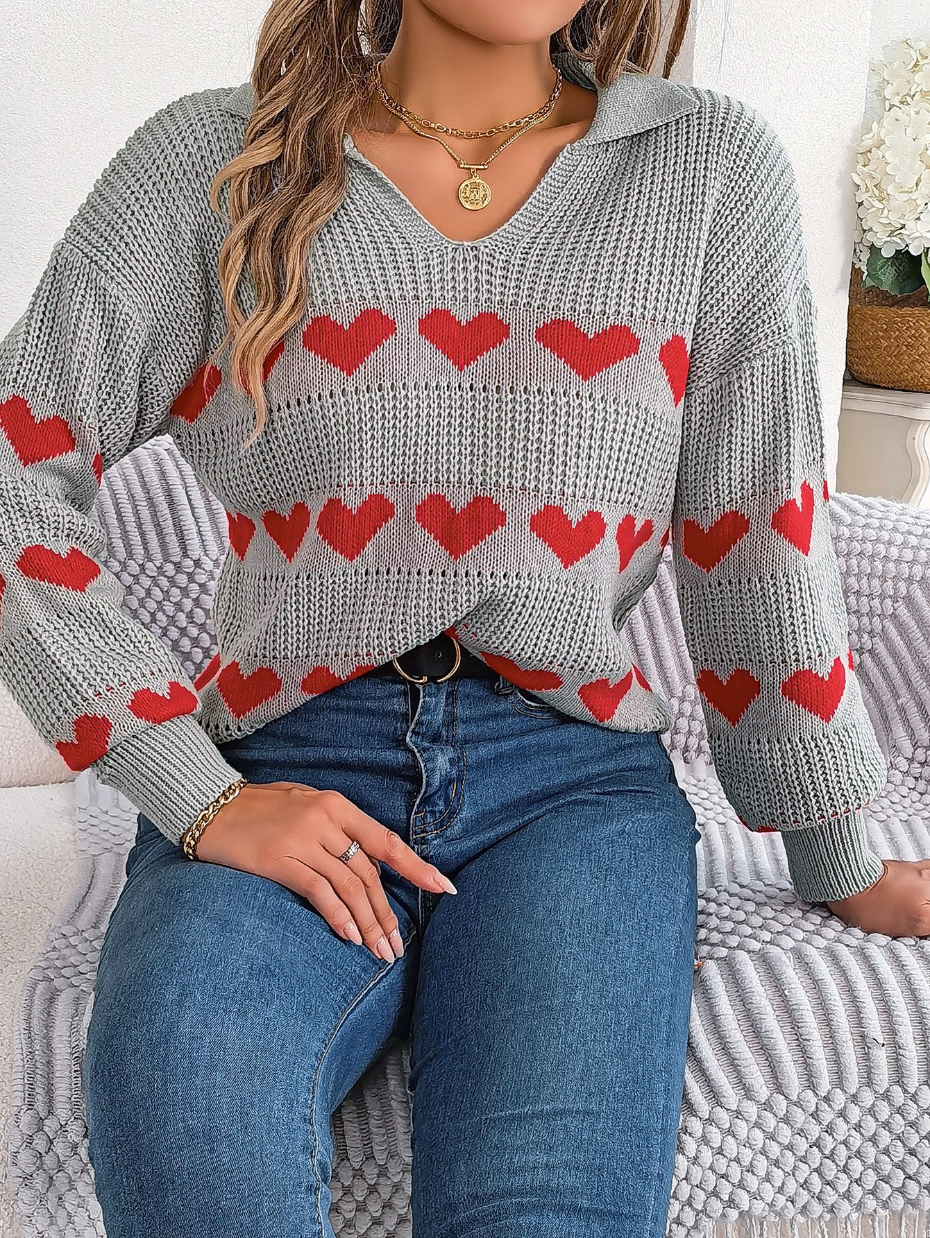 Women's Casual Heart Collar Lantern Sleeve Contrast Color Sweaters