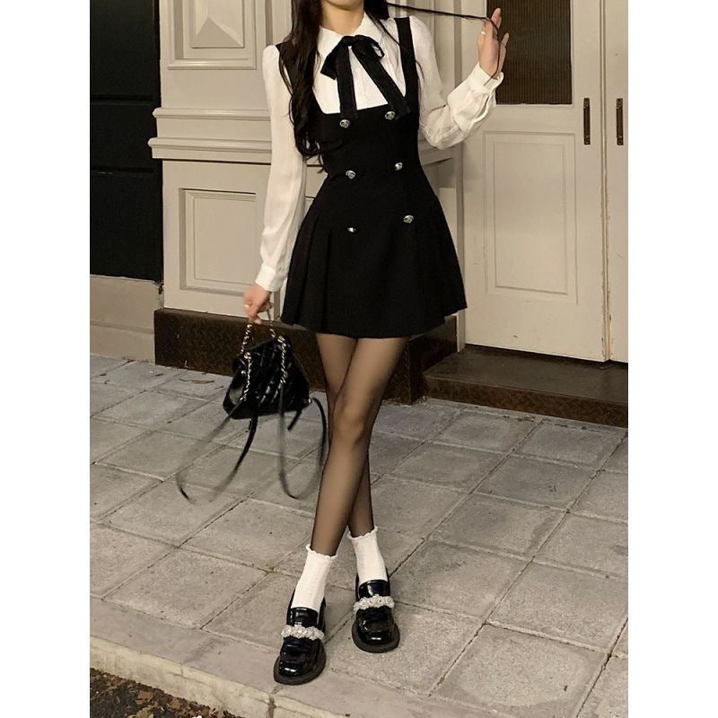 Women's Spring Sweet Pure Rich Long-sleeved Slimming Lapel Fake Two Skirts