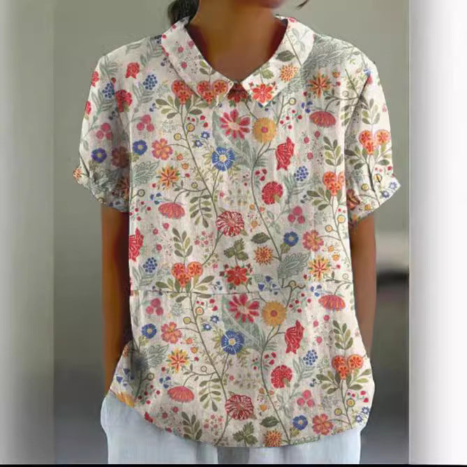 Women's Summer Loose Print Crew Neck Casual Blouses
