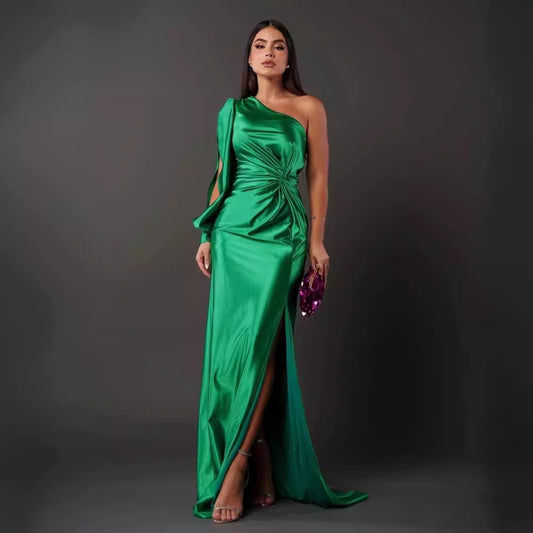 Women's Diagonal Collar Raglan Sleeve Pleated Waist Tight Split Dresses