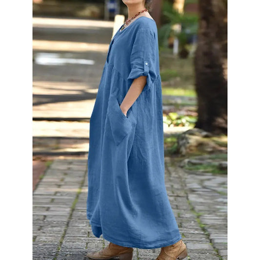 Women's Casual Loose Turned Cuff Long Sleeve Round Neck Dresses