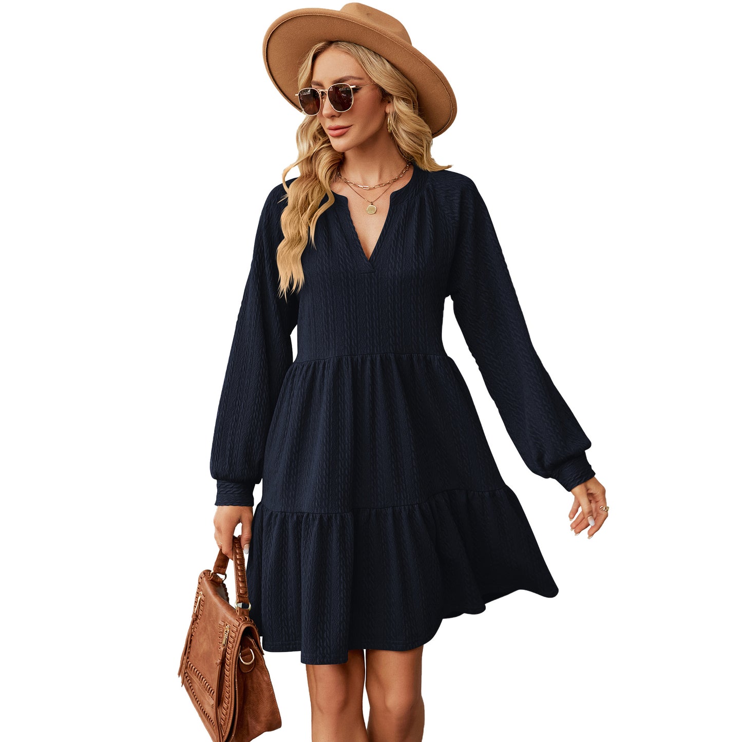 Solid Color Loose Pleated Stitching Long Dress