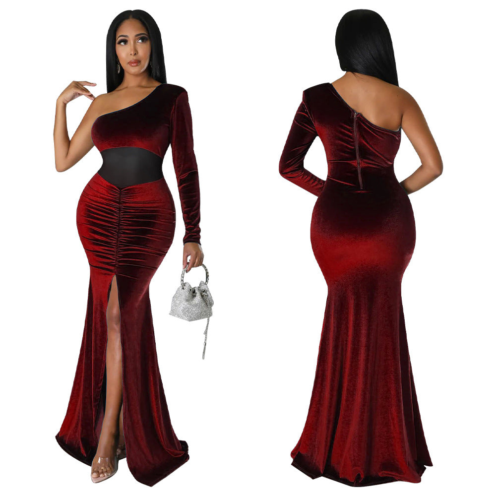 Women's Diagonal Collar Fold Split Solid Color Dresses
