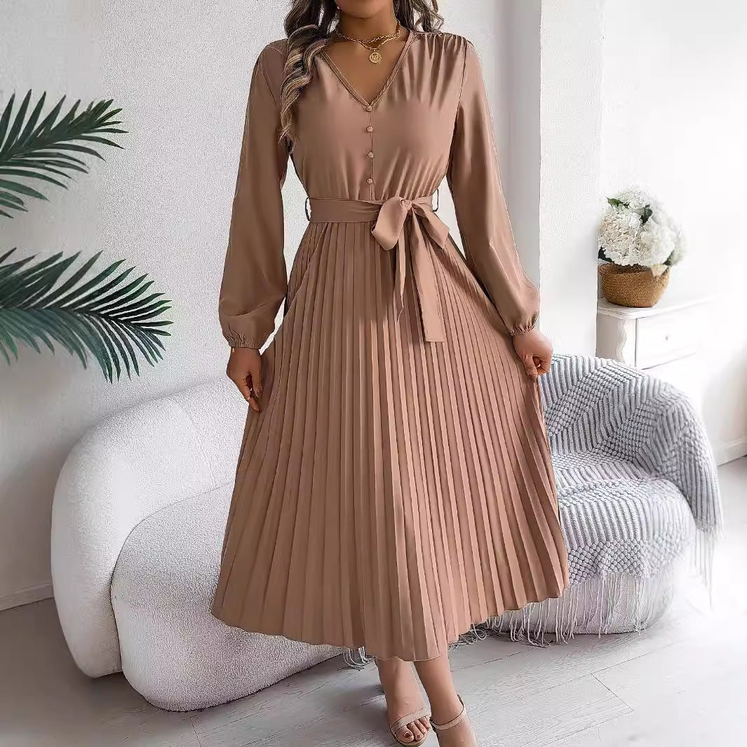 Women's Elegant Button Large Hem Pleated Maxi Clothing