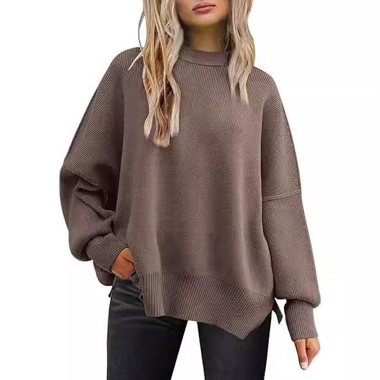 Women's Side Slit Round Neck Loose Solid Color Batwing Long Sweater