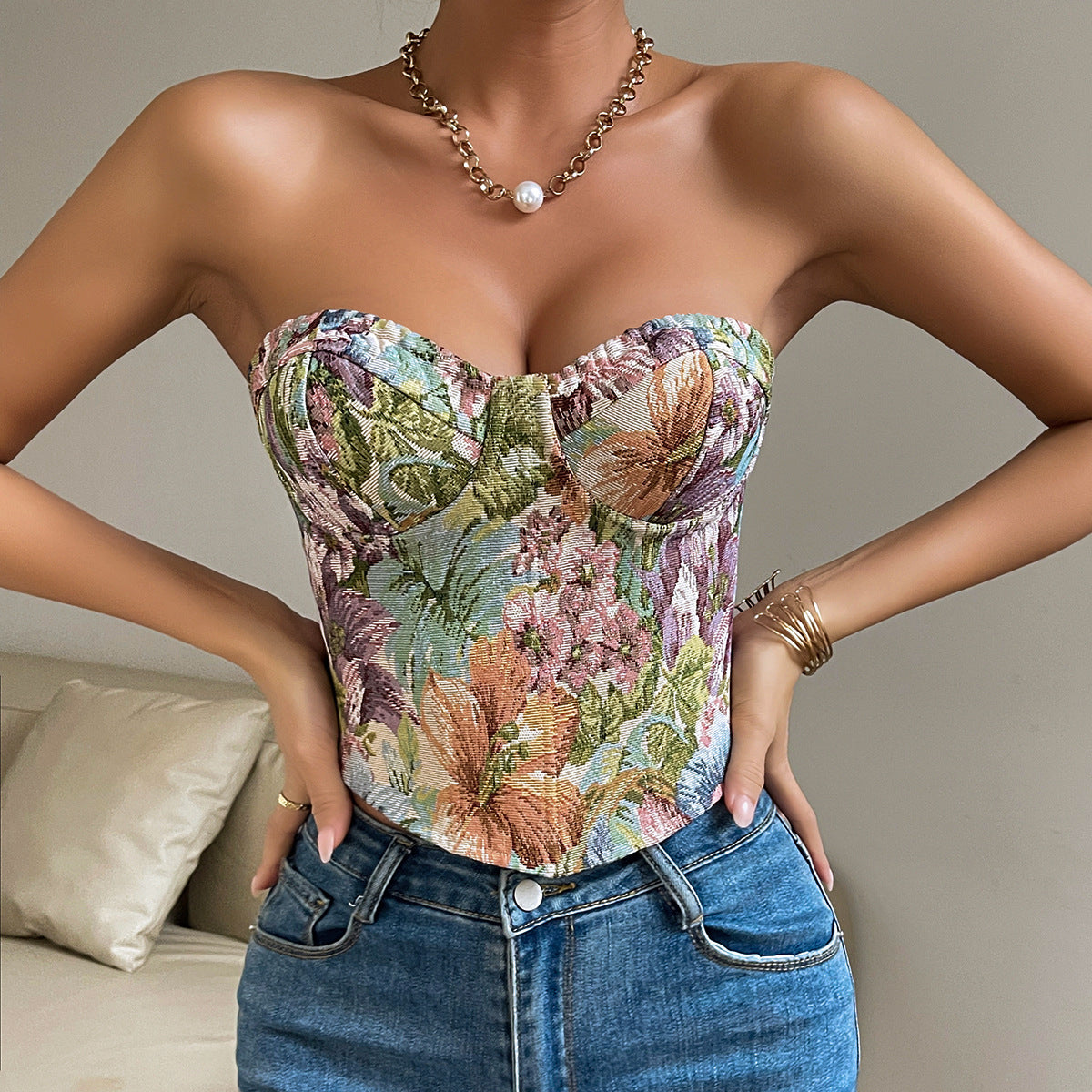 Retro Flower Niche Sling French Court Waist Girdling Band Tops